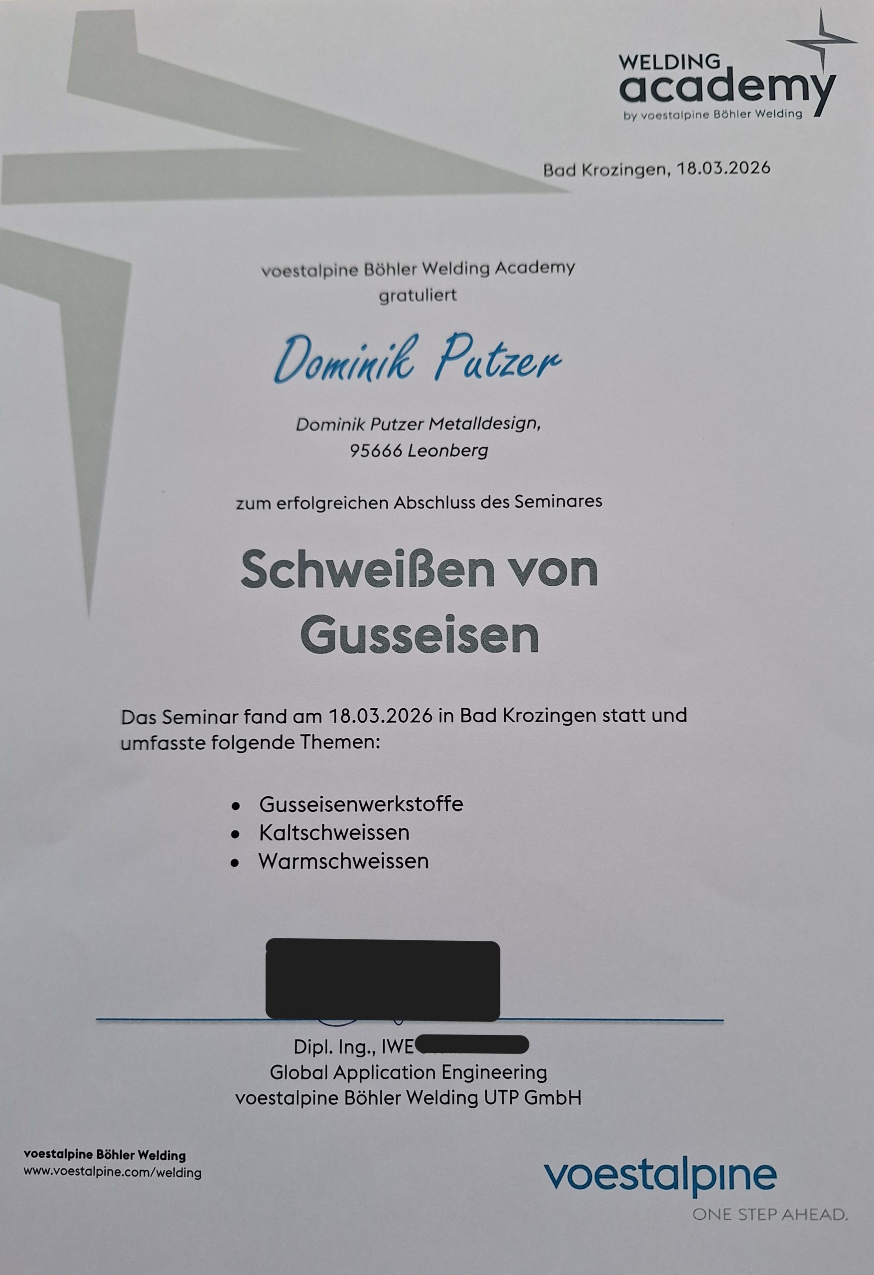 Zertifikat Gussschweißen Seminar – Dominik Putzer